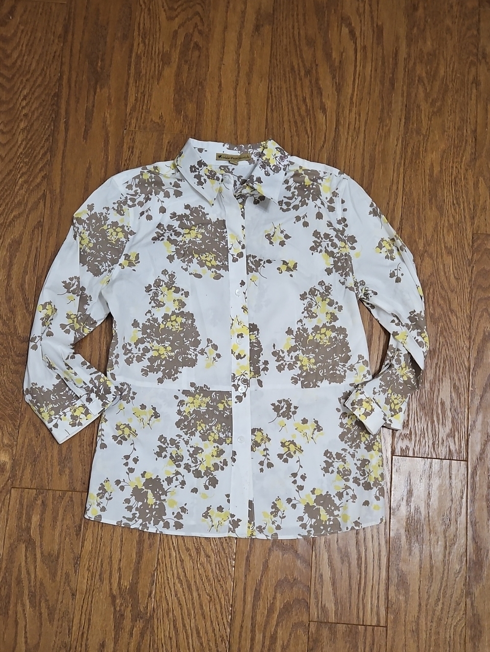 Alex Marie Wrinkle Free Floral Button Up Blouse White Yellow Brown Size 12